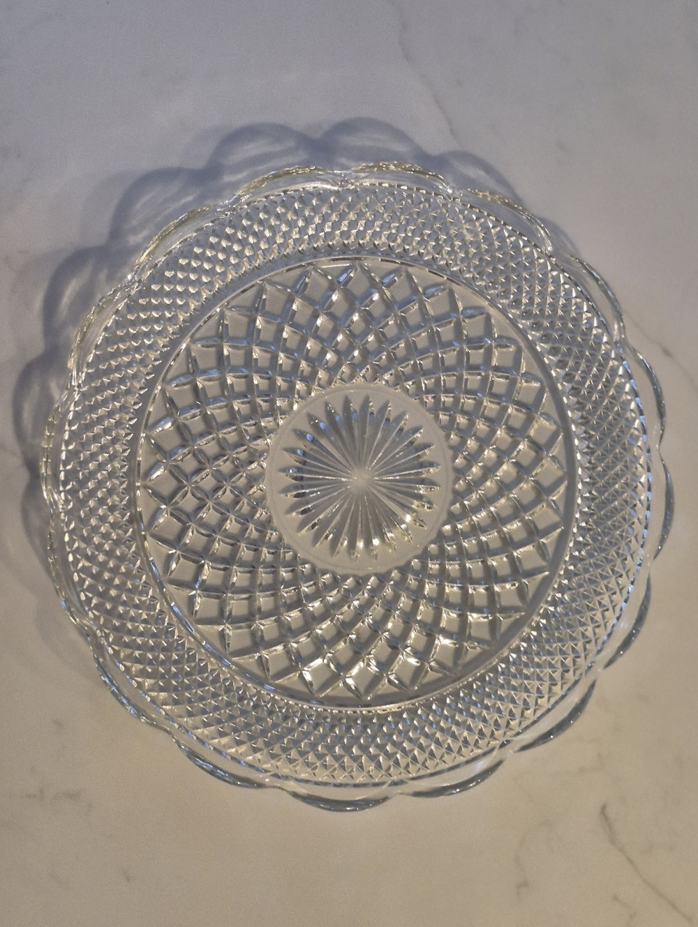 Vintage Clear Pressed Cut Glass Serving Plate 14 Inches Scalloped Edge